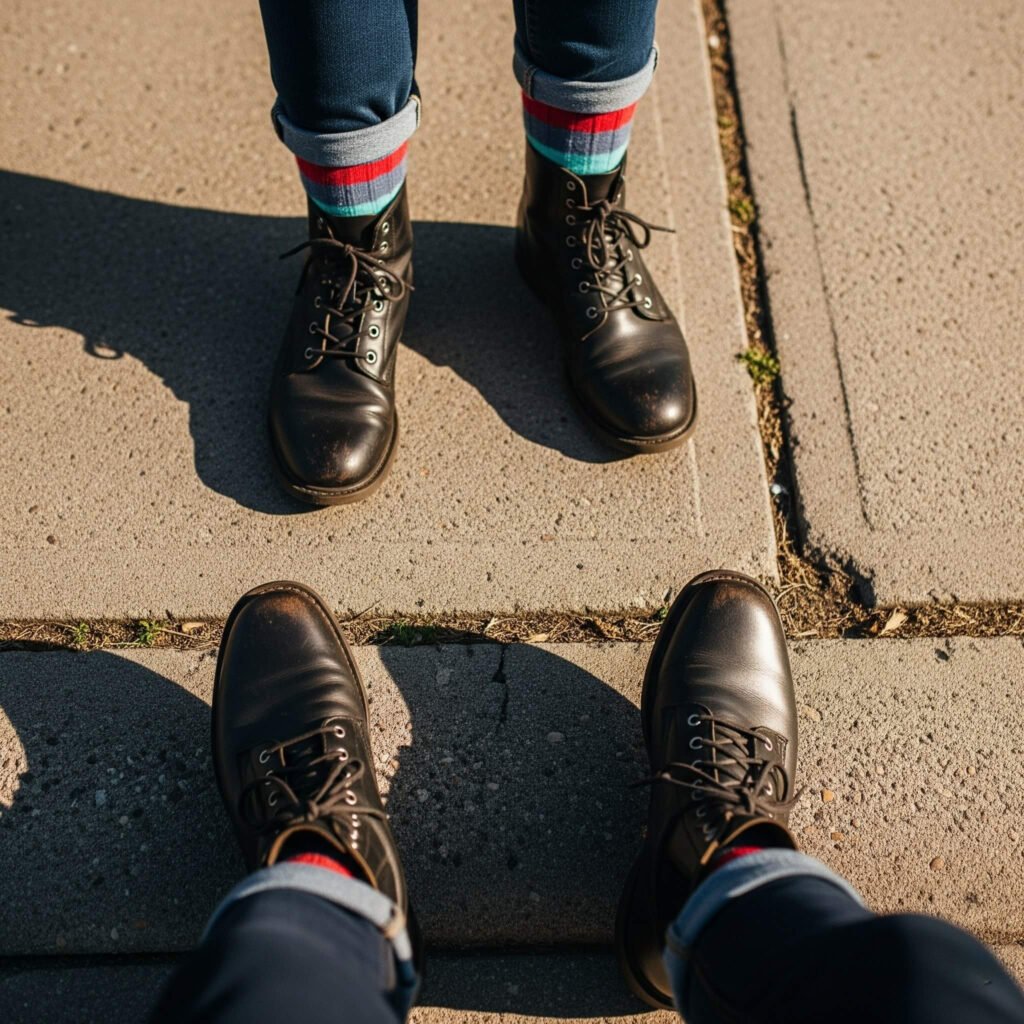 Mismatched socks, secondhand boots, cracked sidewalk.