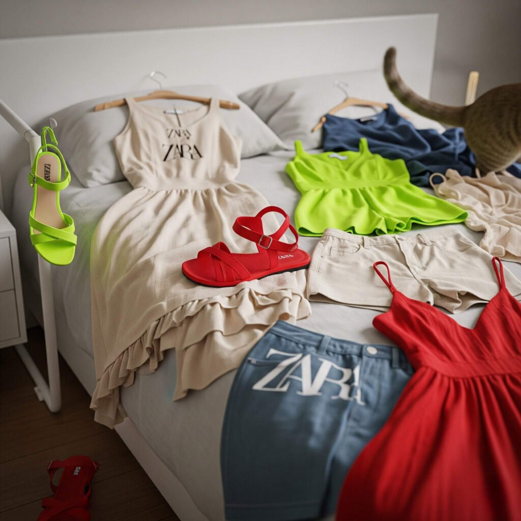 ZARA clothes on bed, neon lime sandal
