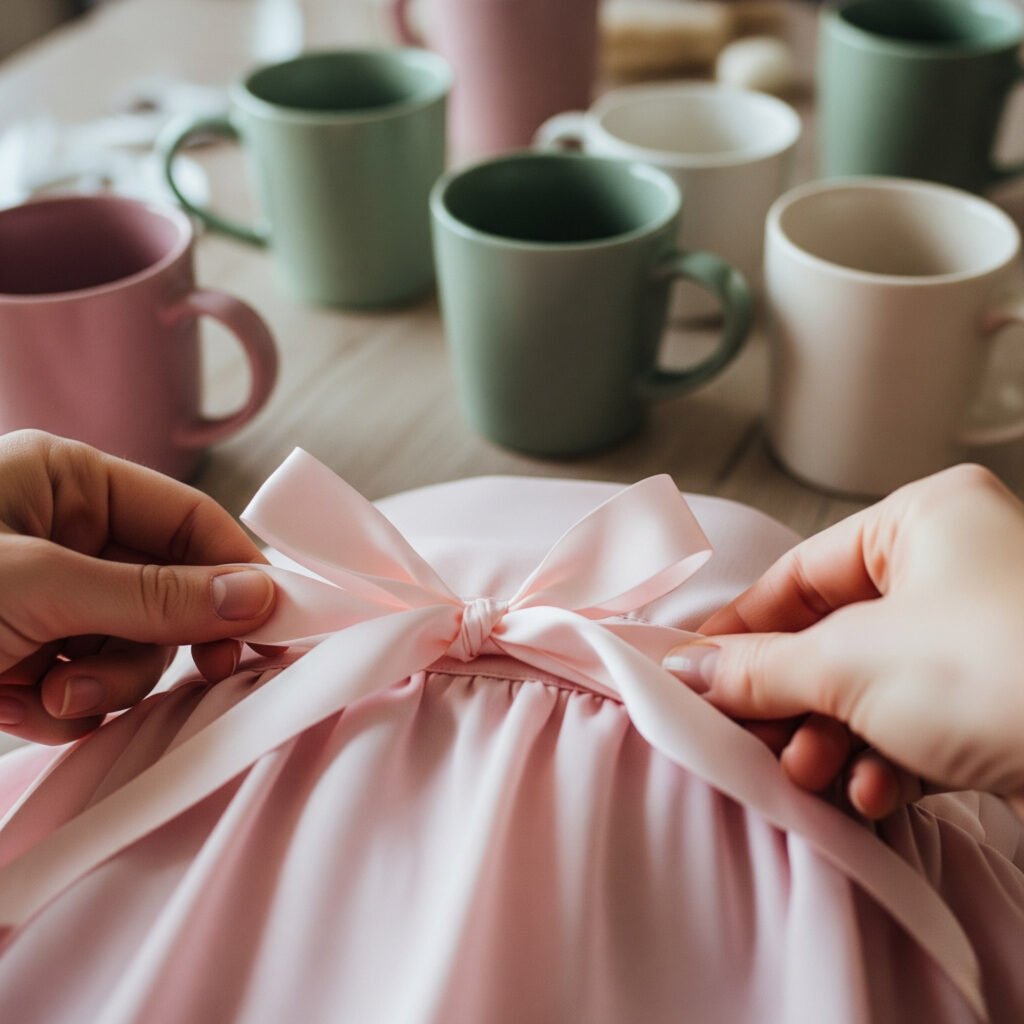 Shaky hands tying a messy ribbon on a pastel skirt
