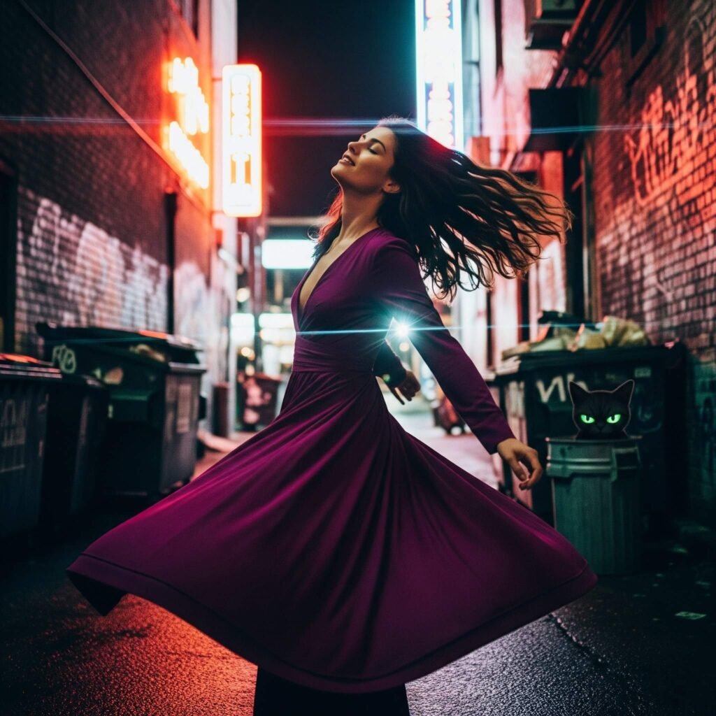 A woman in a magenta dress spins in a neon-lit alley
