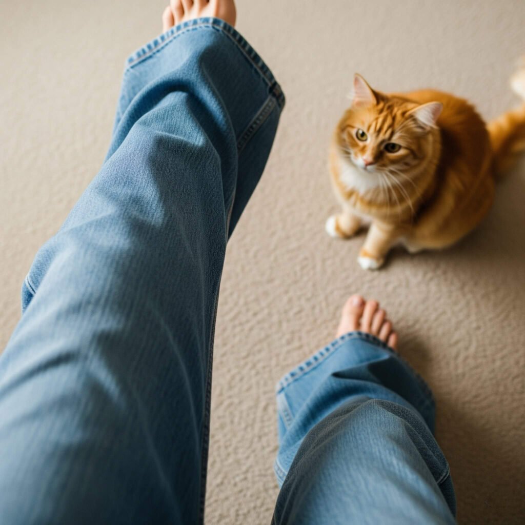 Tripping in wide-leg jeans, tabby cat judges, living room mishap.