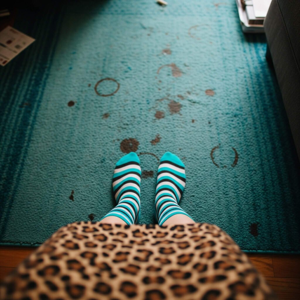 Striped socks, leopard print skirt on messy rug with coffee stains.
