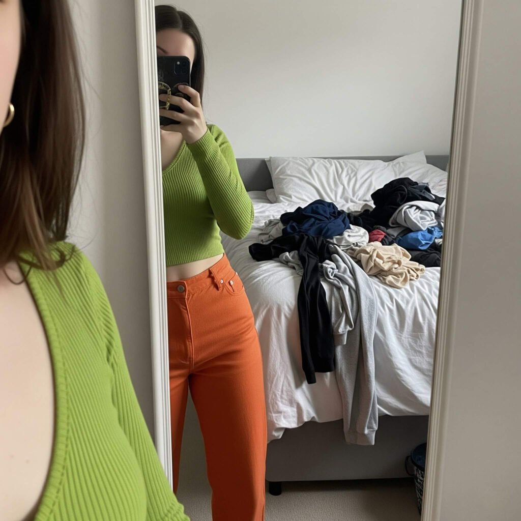 Mirror selfie: lime green top, orange pants, laundry.
