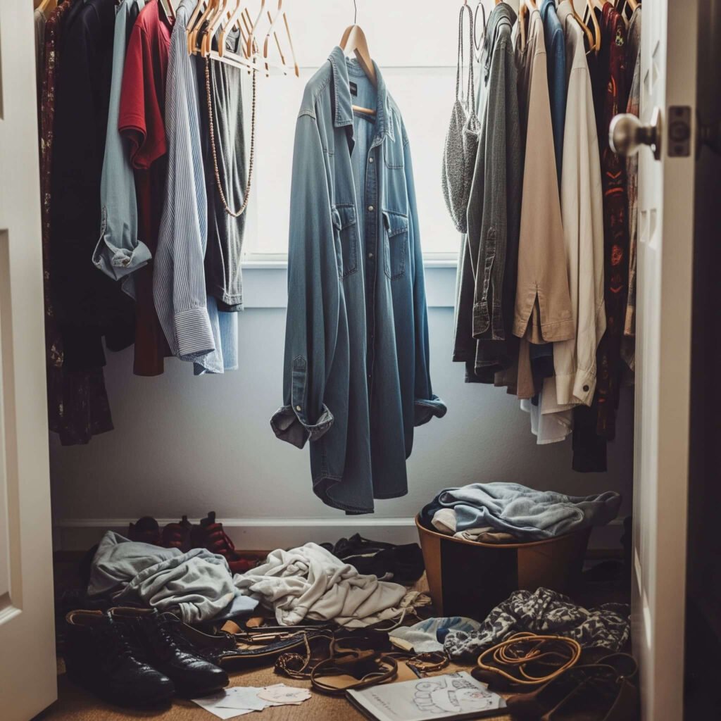 Messy closet, denim shirt, morning rush.