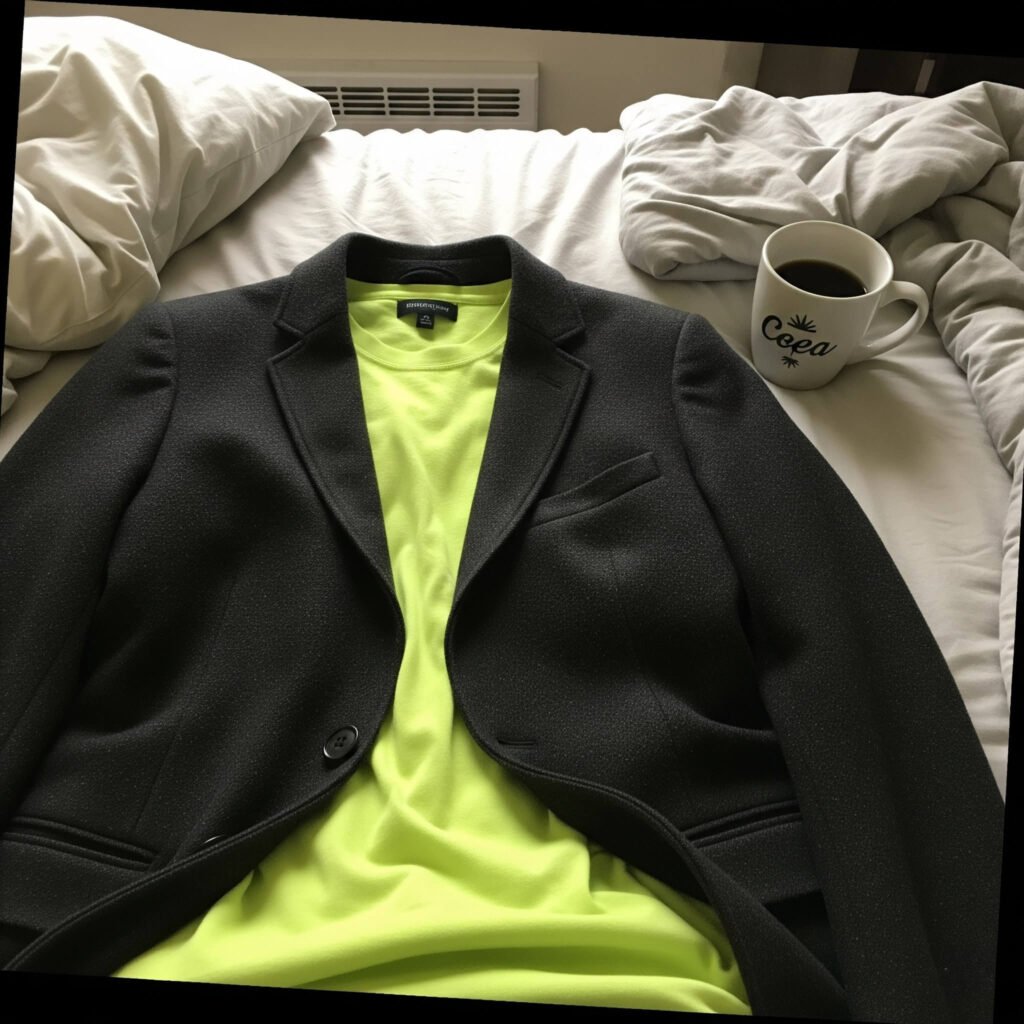 Messy morning outfit: neon tee, blazer, coffee.