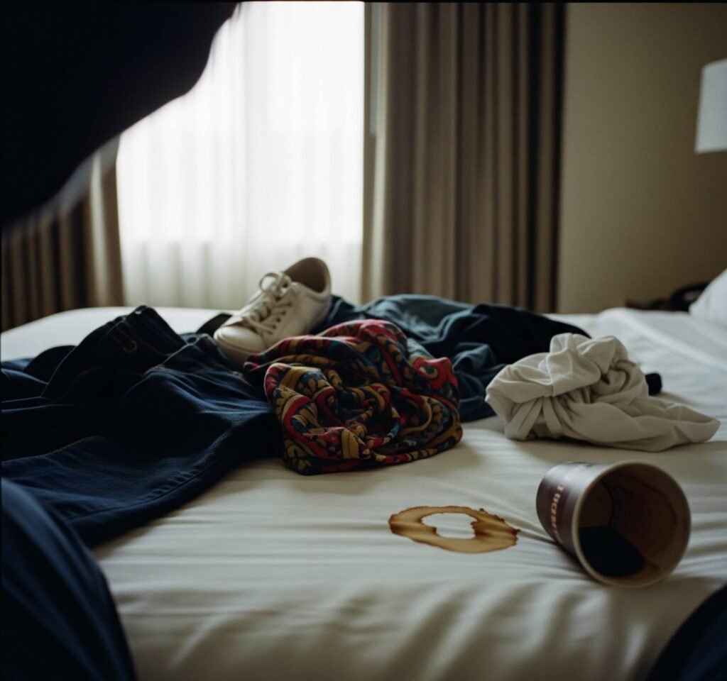 Chicago Packing Fail: Messy Hotel Room with Spilled Coffee