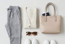 Stylish Airport Outfits That Are Still Comfy for Long Flights Stylish comfy airport outfit flat lay