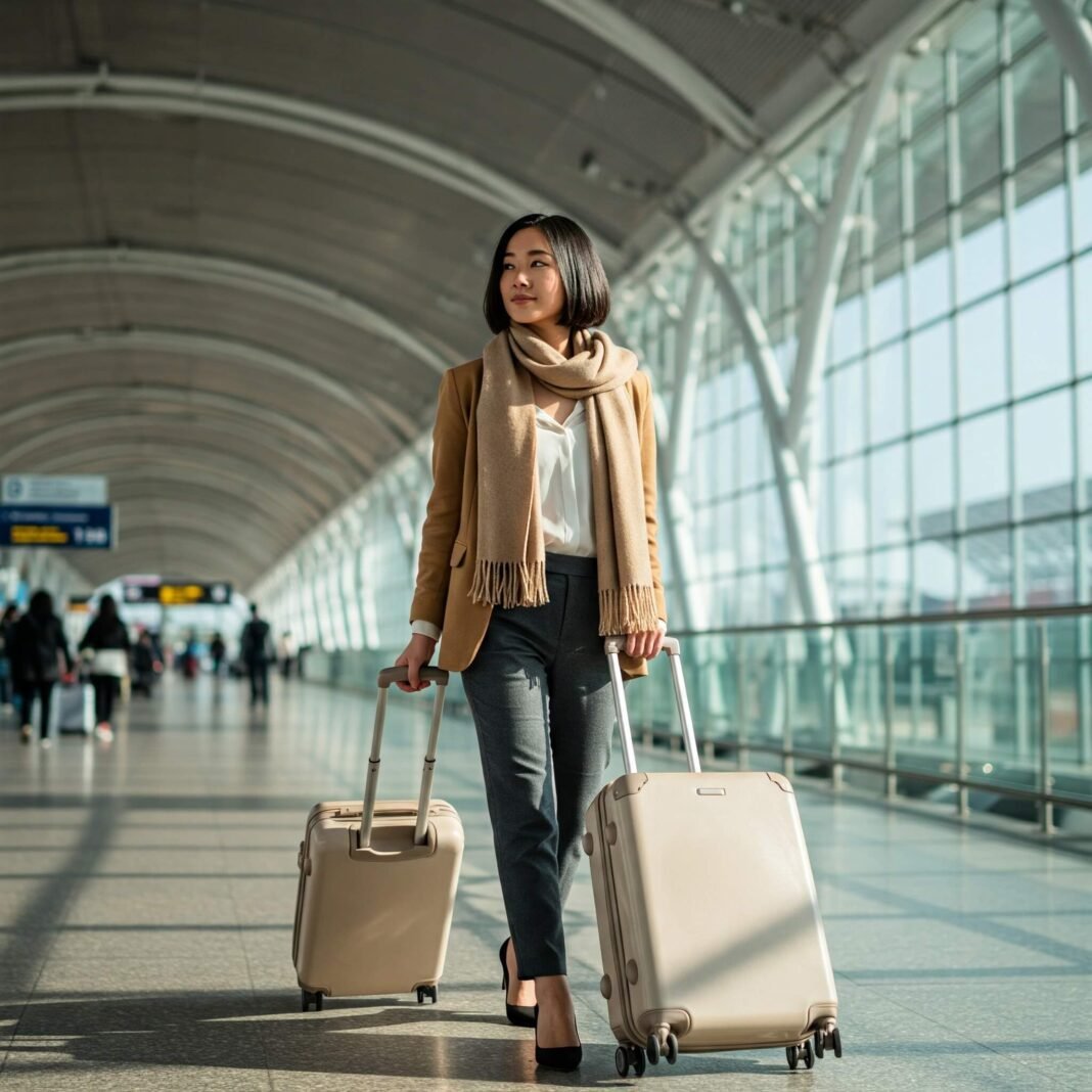 Stylish traveler with carry-on. Stylish traveler with carry-on.