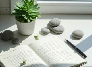 Journaling Prompts for Self-Love & Daily Reflection: Nurture Your Inner World Journal, pen, succulent, stones.