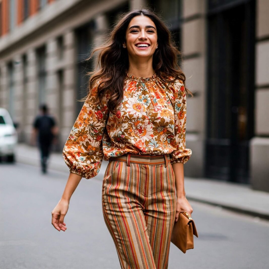 Woman in mixed prints on city street. Woman in mixed prints on city street.