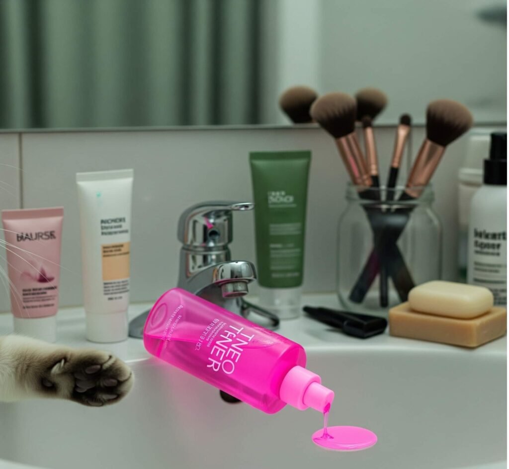 Skincare Mishap: Cat's Paw & Spilled Toner