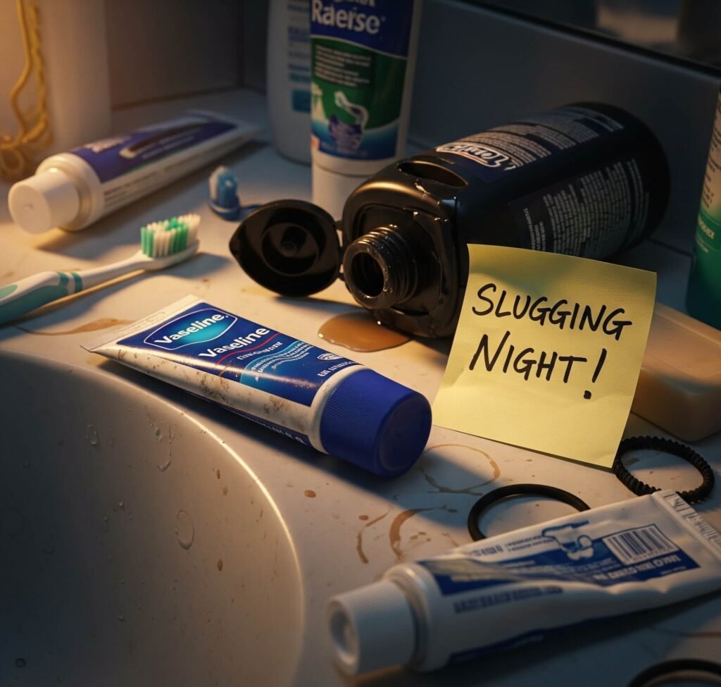 Messy "Slugging Night" Bathroom Counter
