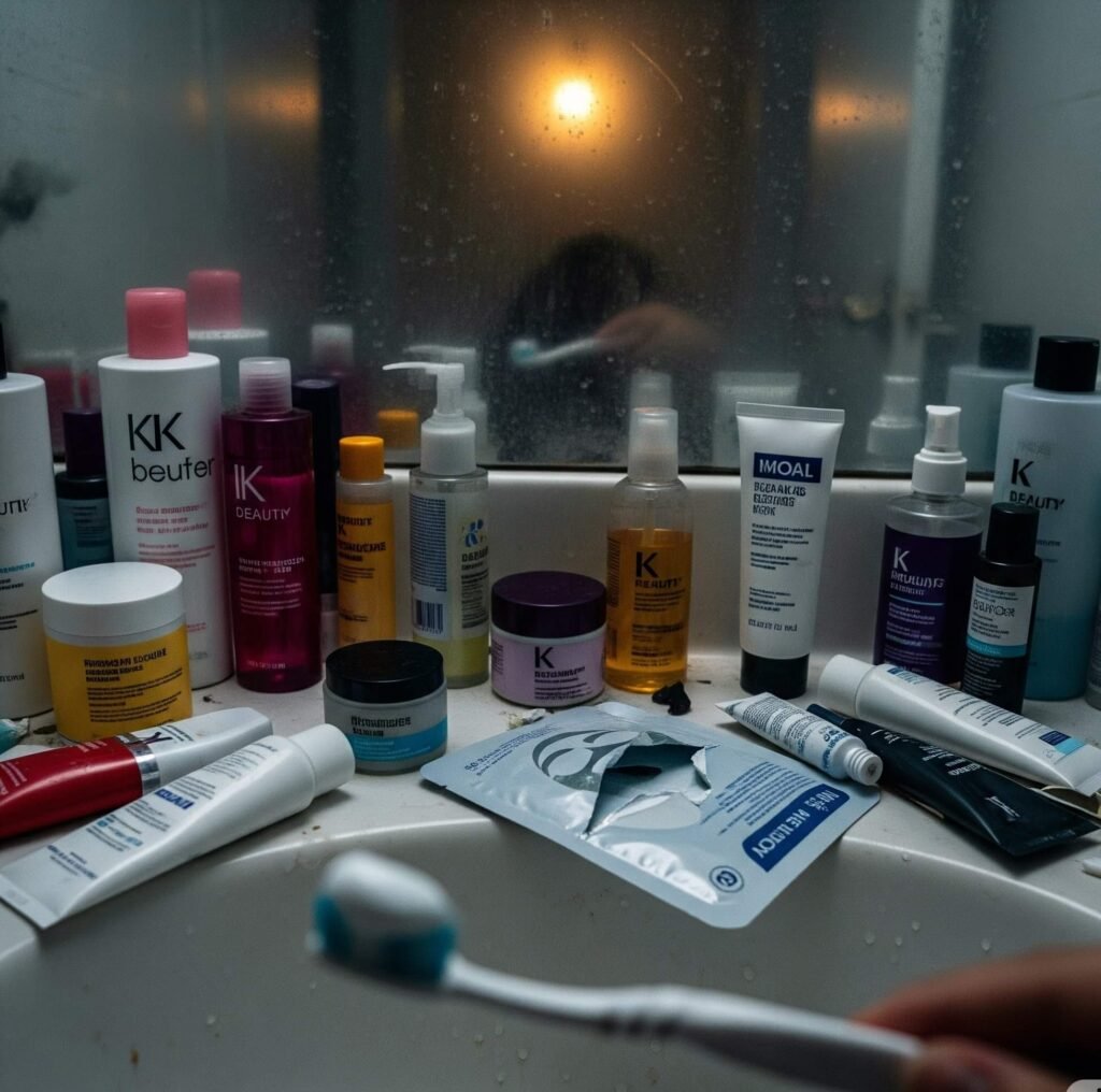 Messy K-Beauty Bathroom Counter: Glass Skin Glow Chaos