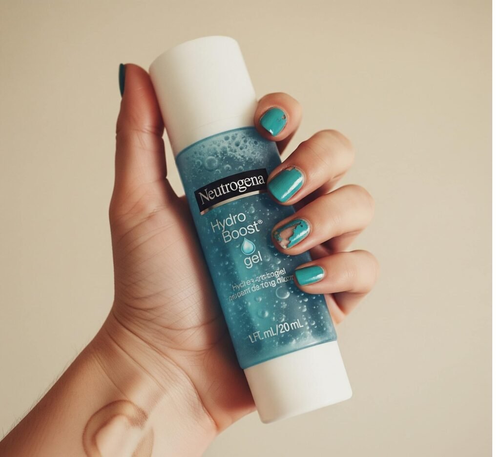 A wonky close-up of a hand with chipped teal nail polish holding