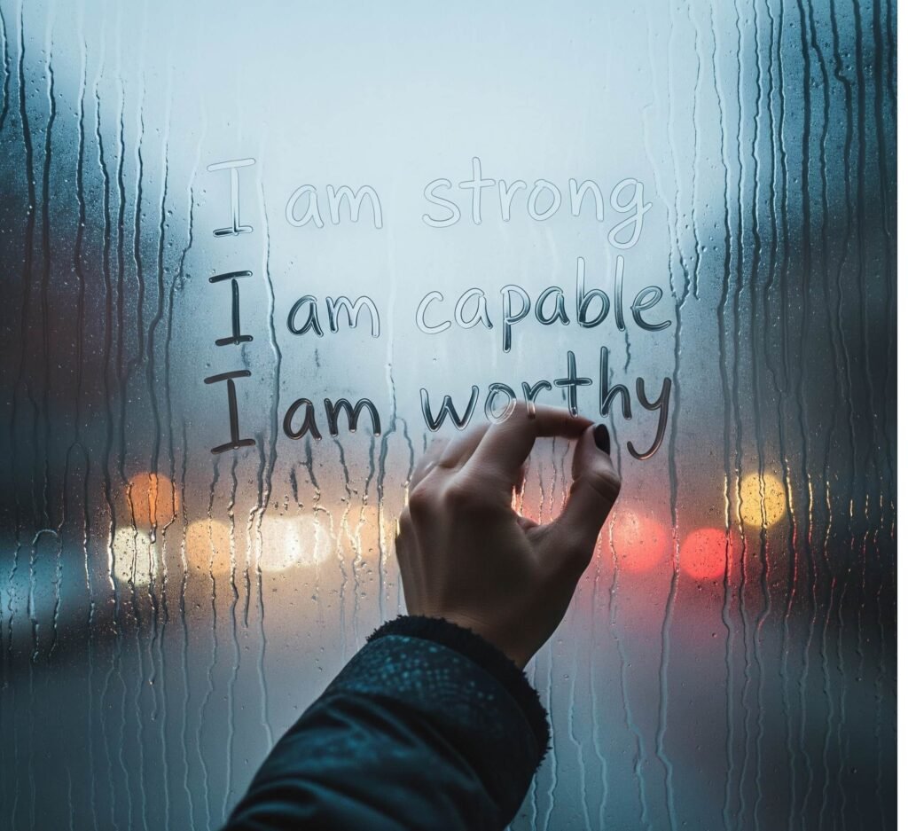 Hand scribbling affirmations on a steamy window.