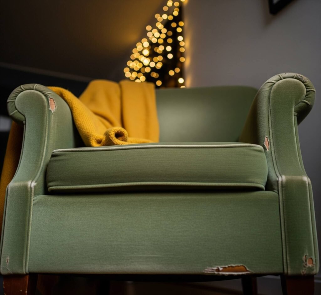 Thrifted Sage Green Velvet Chair with Mustard Throw.