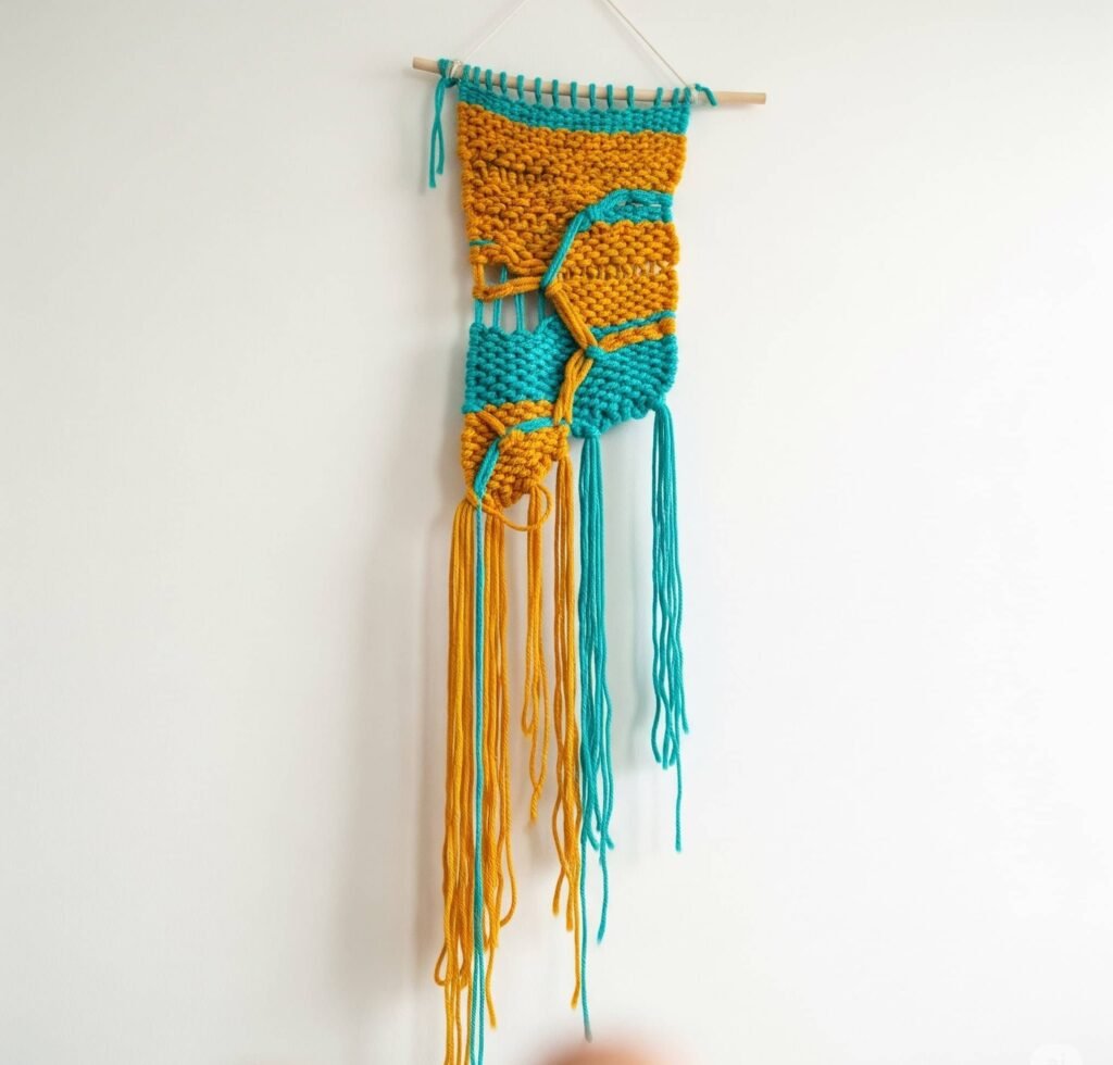 Lopsided Ochre and Teal Yarn Wall Hanging