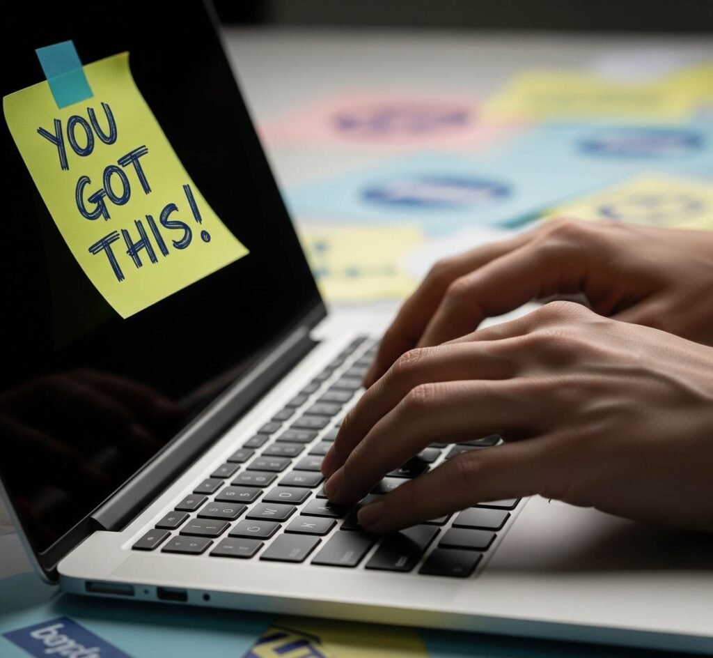 Frantic Typing on Laptop with "You Got This" Sticky Note