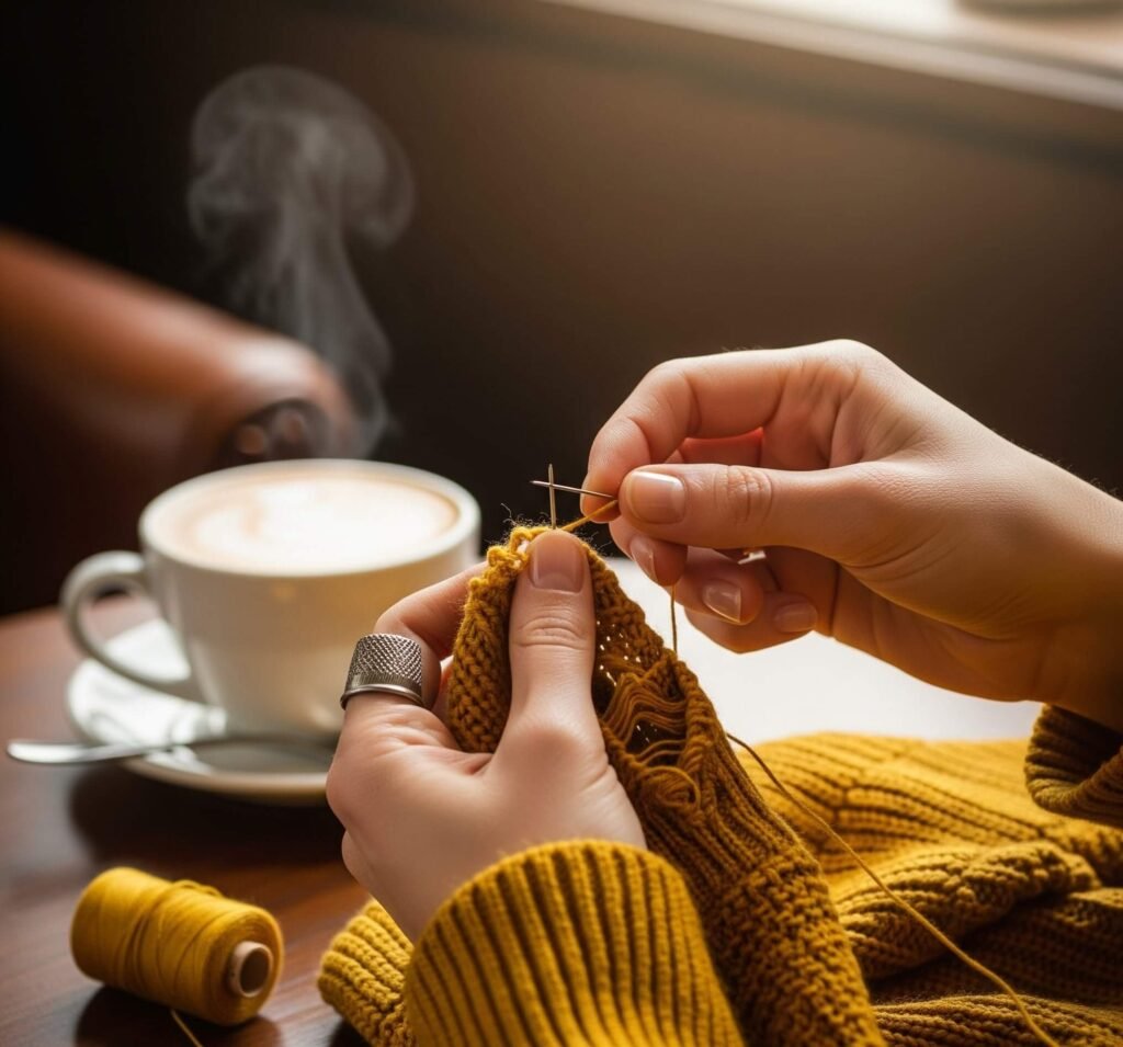 Stitching a Sweater in a Cozy Coffee Shop