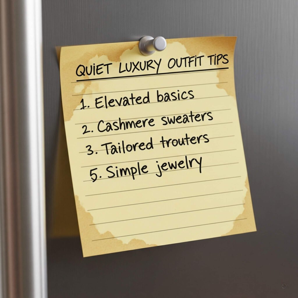 Quiet luxury outfit tips on a sticky note.
