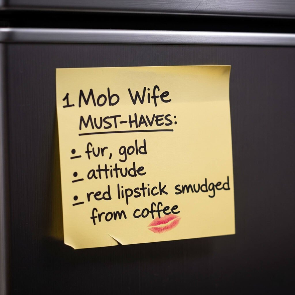 Mob Wife Must-Haves" Sticky Note on Fridge