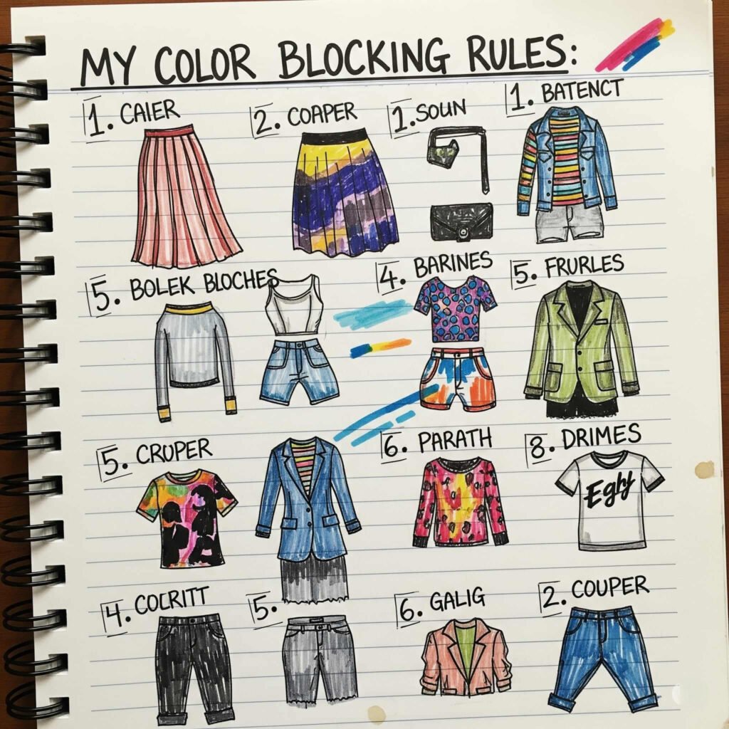 Notebook: "Color Blocking Rules," marker doodles.
