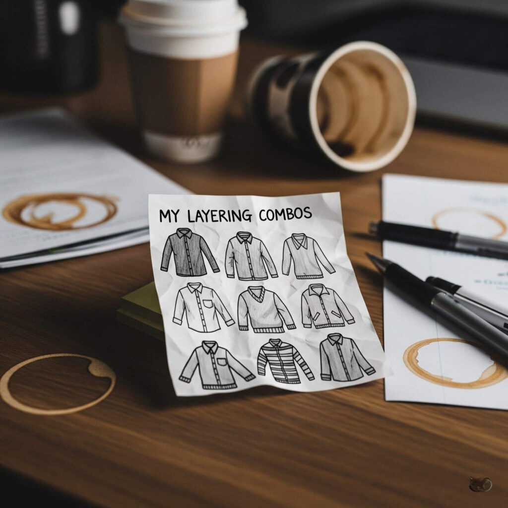 Hand-drawn layering notes on a messy, coffee-stained desk.