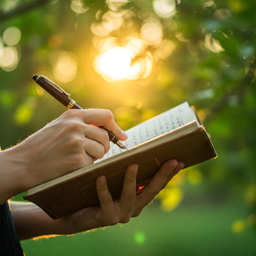 Hands writing in journal outdoors
