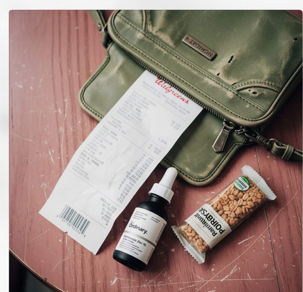 A flat-lay image of a purse spilling out a Walgreens receipt