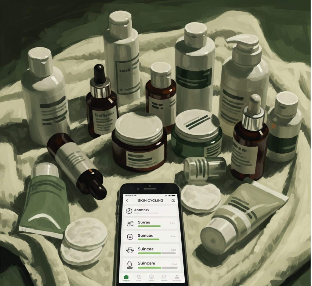 Flat-lay digital painting of messy skincare products