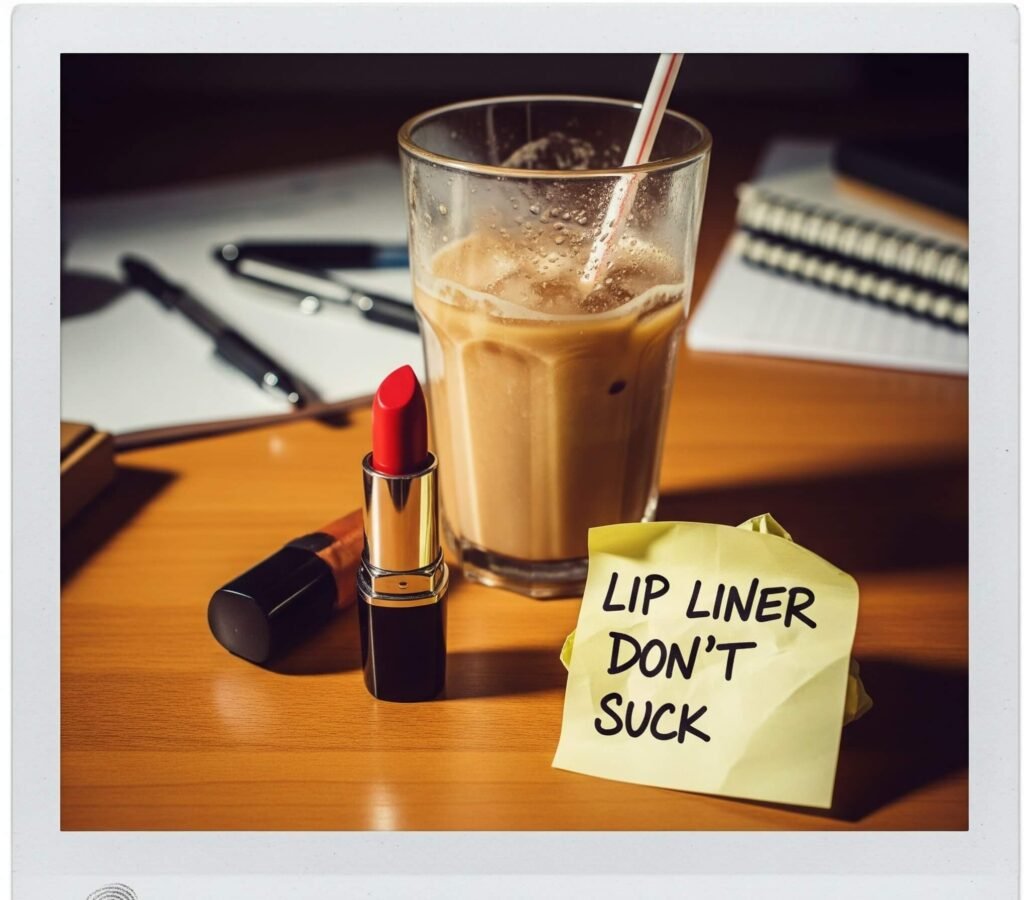 inspired Polaroid-style shot of a cluttered desk with a lipstick