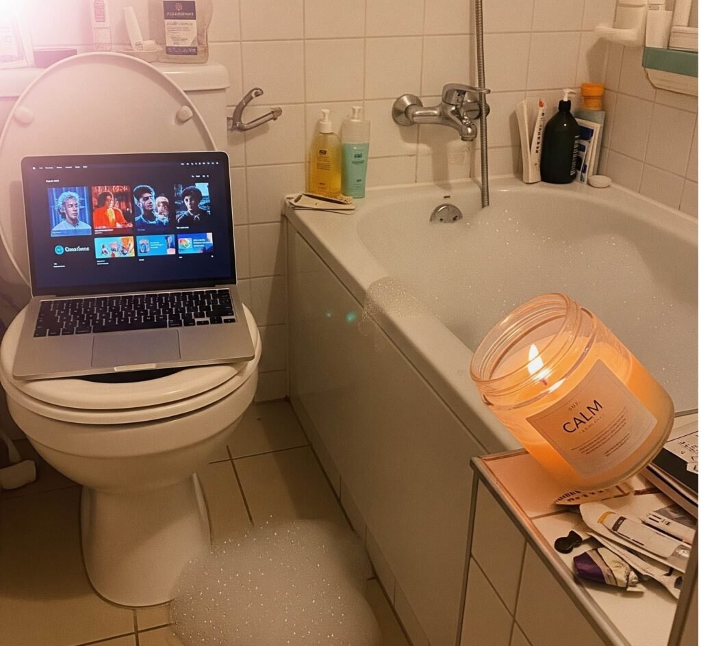 Overflowing Bathtub with Laptop and Candle
