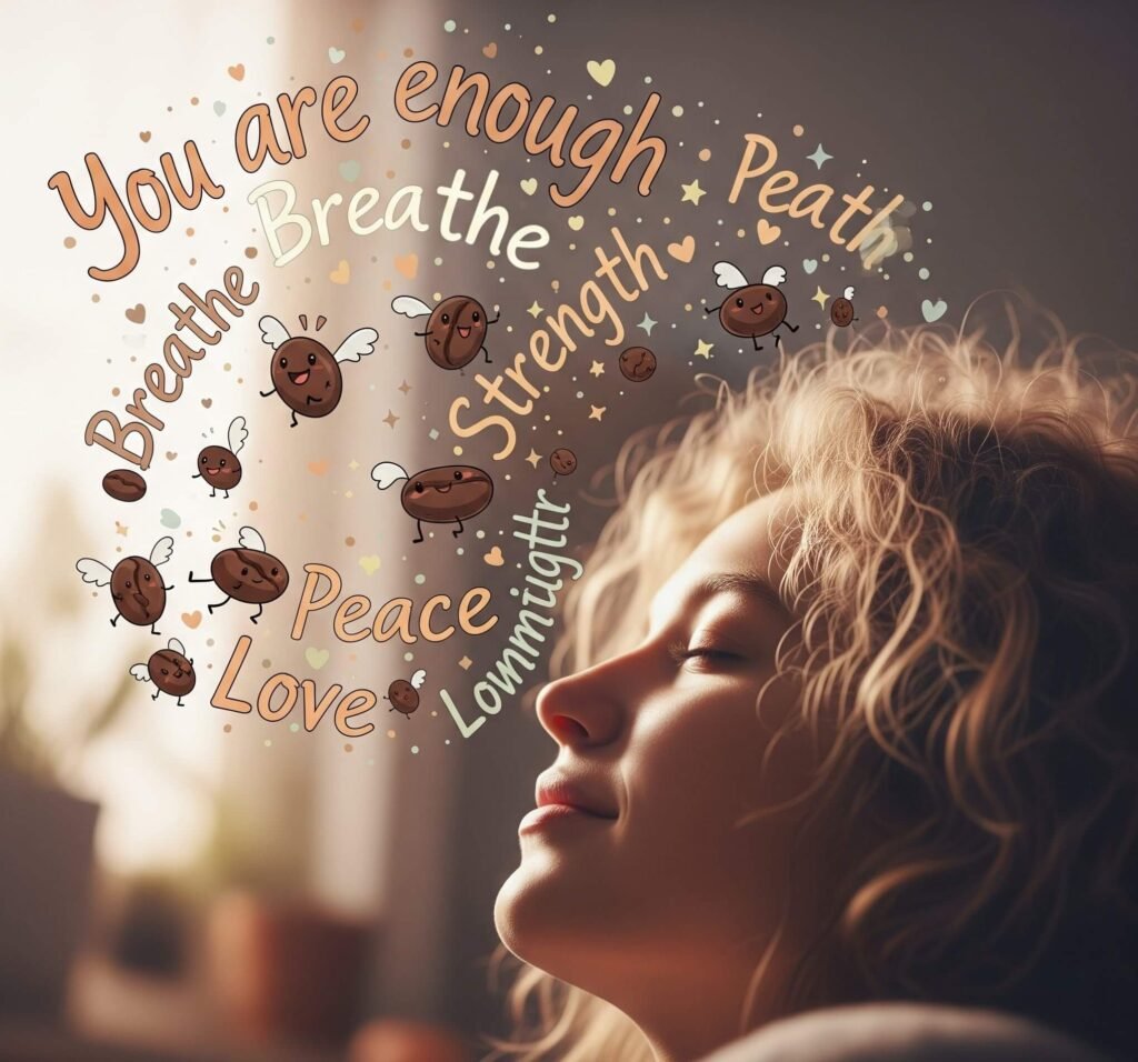 Dreamy image of a person with frizzy hair, affirmations, and coffee beans.