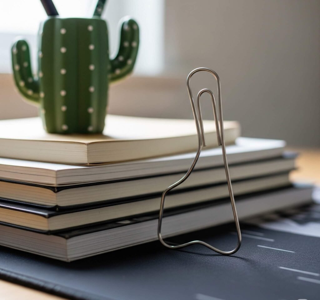 Notebook stack with cactus holder and bent paperclip on a mousepad.