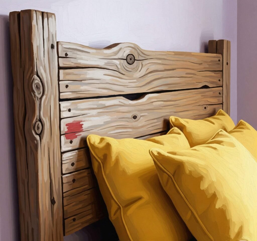 Wonky Barn-Wood Headboard with Lavender Walls and Mustard Pillows