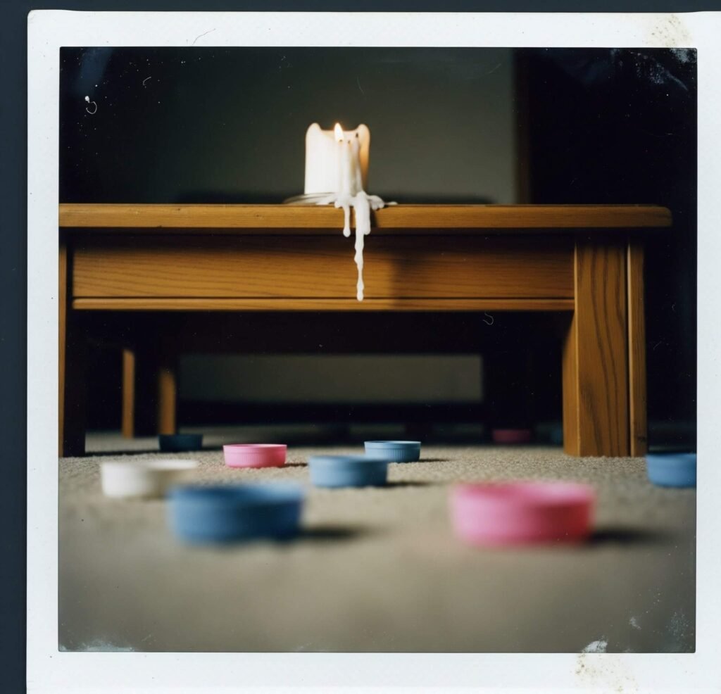 Sad Candle and Colorful Bottlecaps on a Smudgy Polaroid