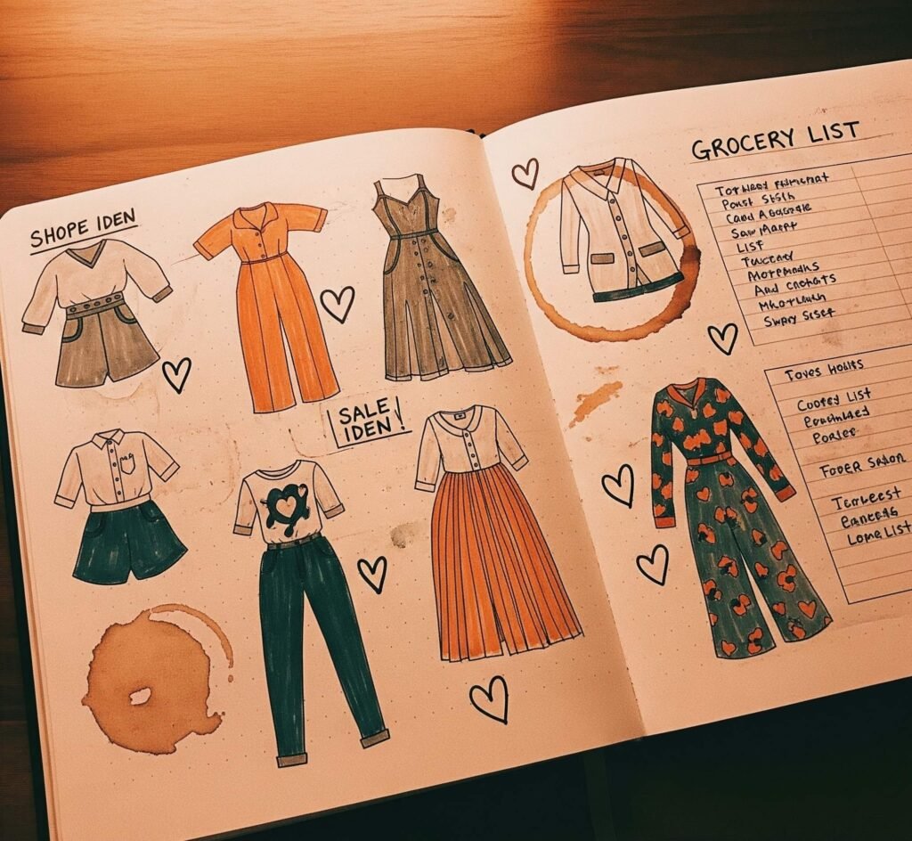 A vintage-inspired, grainy photo of an open sketchbook with doodles