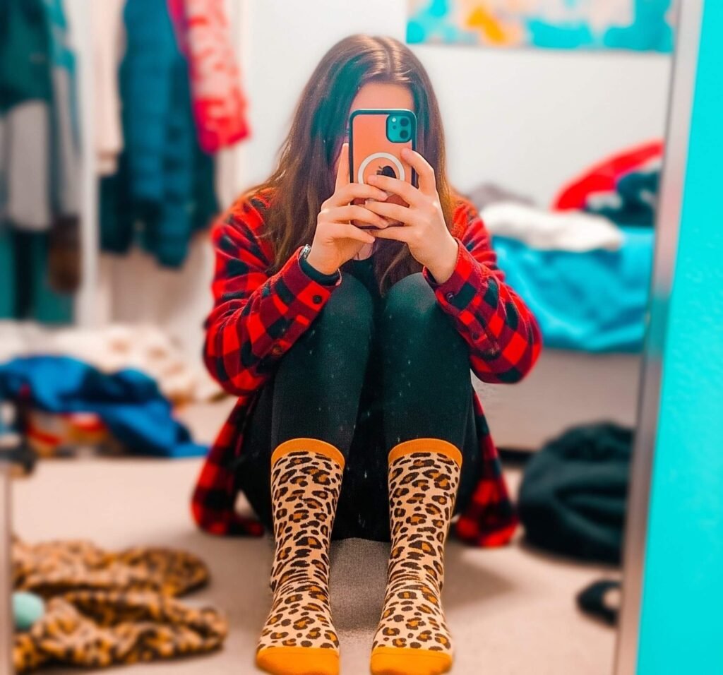 Mirror Selfie with Plaid Shirt and Leopard Socks