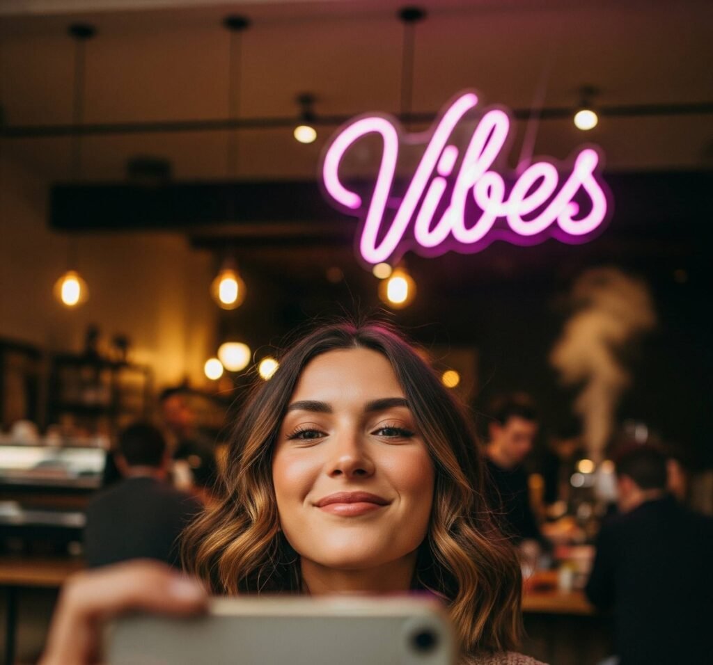 Selfie in Coffee Shop with "Vibes" Neon Sign
