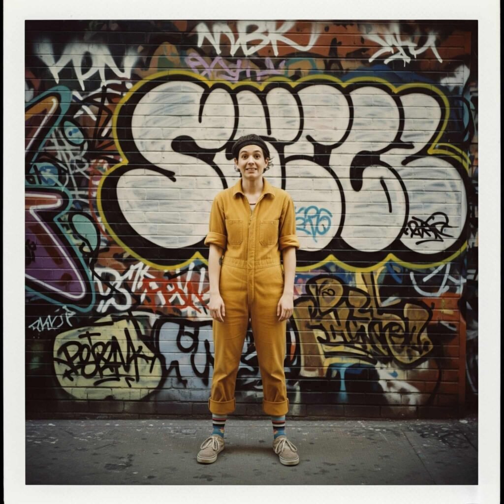 A person in a mustard-yellow jumpsuit stands in front of a graffitied wall in Brooklyn