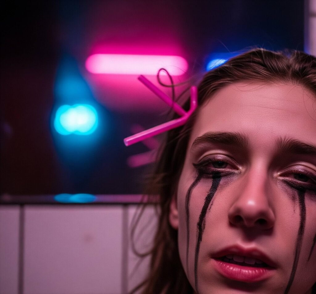 blurry photorealistic image, smudged eyeliner
