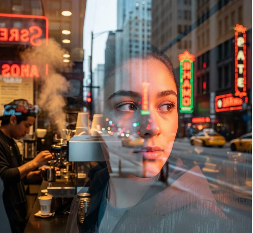Chicago Reflections: Neon Glow in a Coffee Shop Window