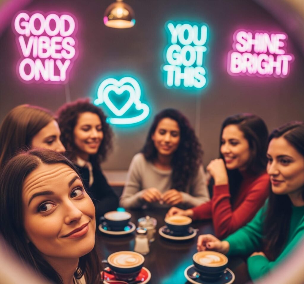 Vibrant image of women swapping affirmations and coffee.