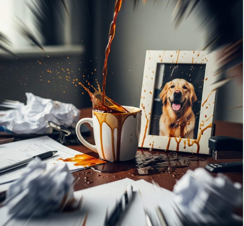 Crooked desk with dog photo and coffee-stained mug.