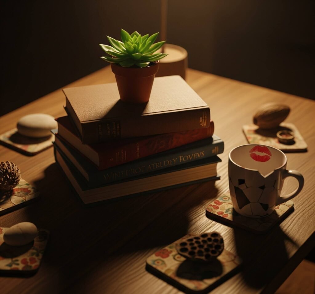 A Wide Shot of a Coffee Table with Books and a Succulent