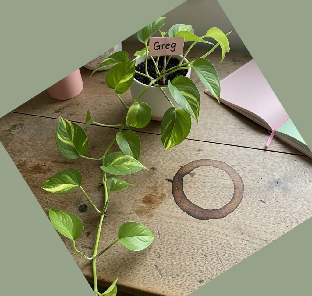 Pothos Plant on Desk - Coffee Stain