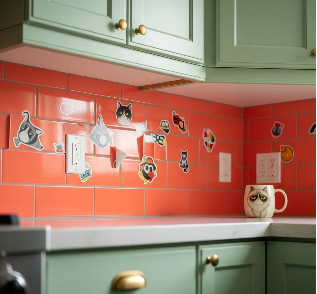 Misaligned Kitchen Backsplash with Neon Coral Tiles