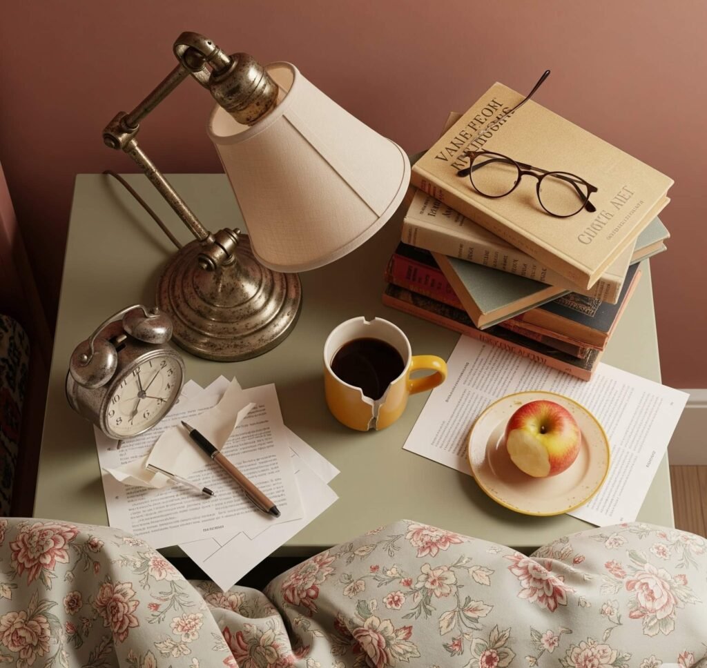 Messy Vintage-Inspired Bedside Table with Chipped Mug.