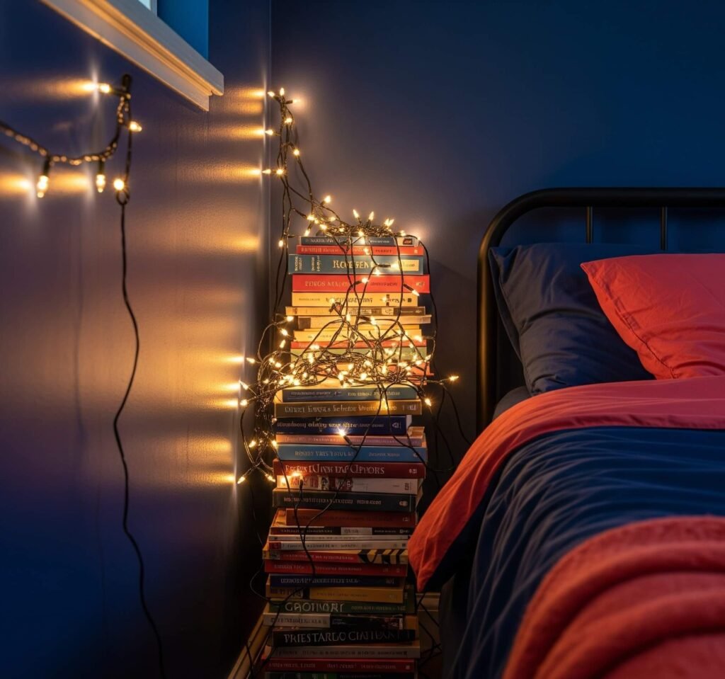 Tangled Fairy Lights and Thrifted Books Bedroom Nook