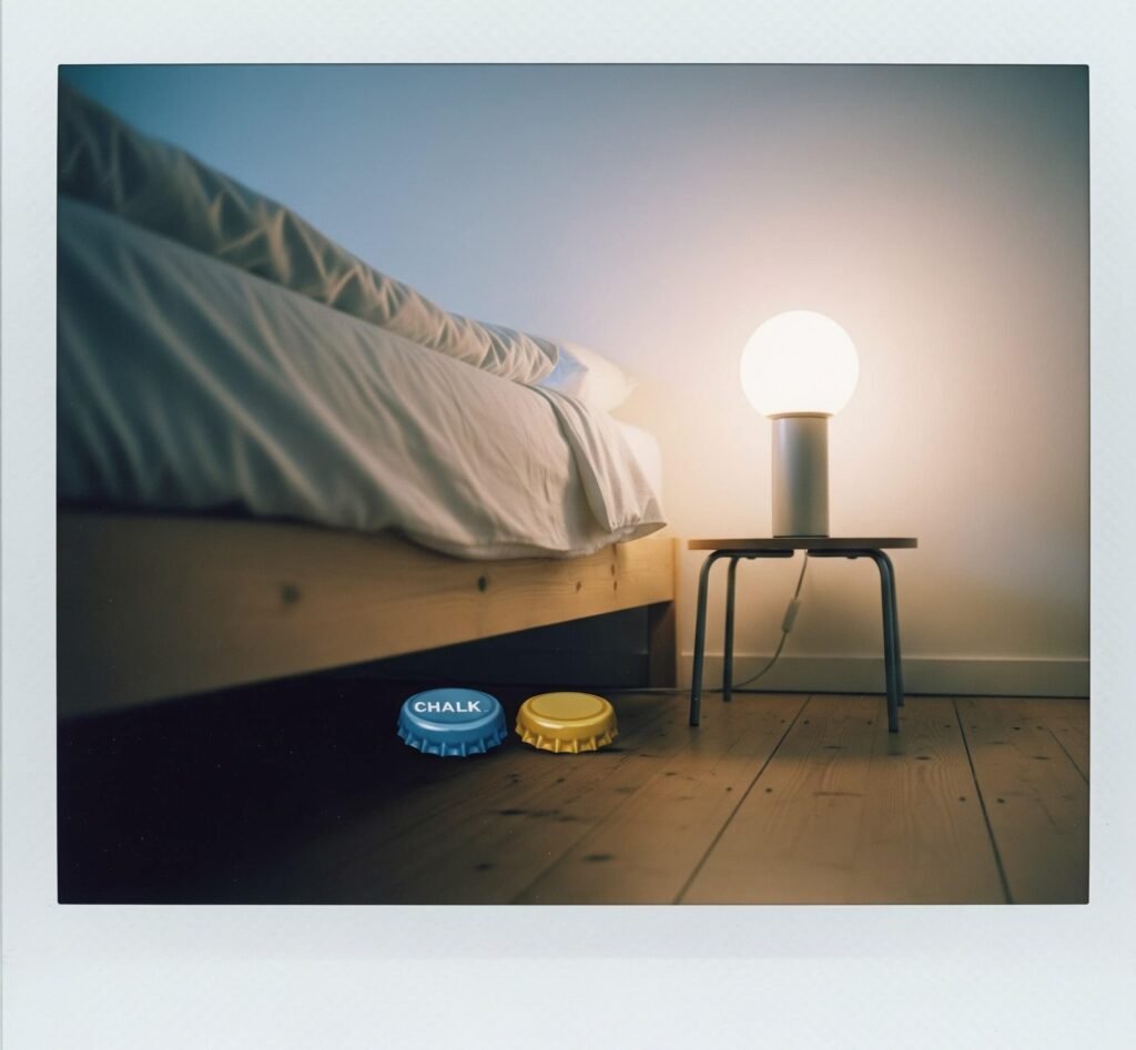 Minimalist Bedroom with Chaotic Bottlecaps, Low-Angle Polaroid